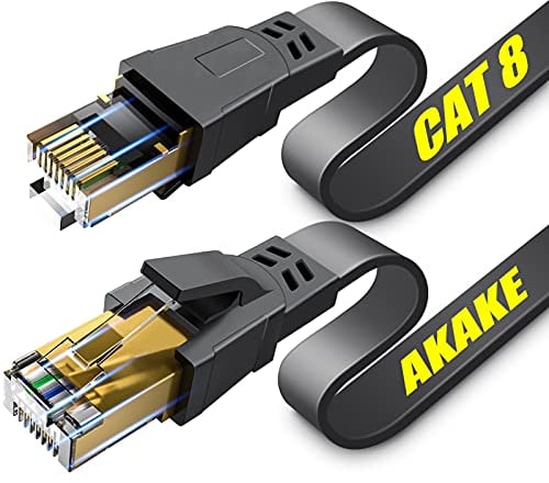 Akake Cat 8 Ethernet Cable, 9M Heavy Duty High Speed Flat Internet Network Cable, Professional LAN Cable, 26AWG, 2000Mhz 40Gbps with Gold Plated RJ45 Connector, Shielded in Wall, Indoor&Outdoor, Black
