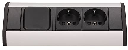 Möbel-Steckdose mit 2x Schuko + Lichtschalter - hochwertige Ecksteckdose aus Aluminium ideal für Arbeitsplatte, Tischsteckdose oder Unterbausteckdose Steckdosenelement