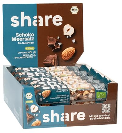 share Bio Nussriegel Schoko & Meersalz (15x35g) | Vegan, Ohne Palmöl, Laktosefrei – Snackriegel mit Mandeln, Haselnuss, Schokolade & Meersalz – Spendet Essen