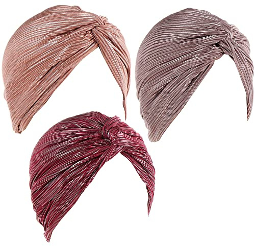 JDYaoYing 3 Stück plissierter Glitzer-Turban für Damen, Beanie-Kopfbedeckung, India-Mütze, Pinkcoffee Wine, 6