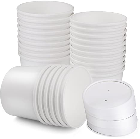 25 Stück 12oz 350ml Einweg Suppenbecher mit Deckel, Pappbecher mit Deckel, Speisebecher Papier Eisbecher für Mitnehmen, Eiscreme, Mikrowelle und Tiefkühlkost Aufbewahrung Auslaufsichere Beschichtung