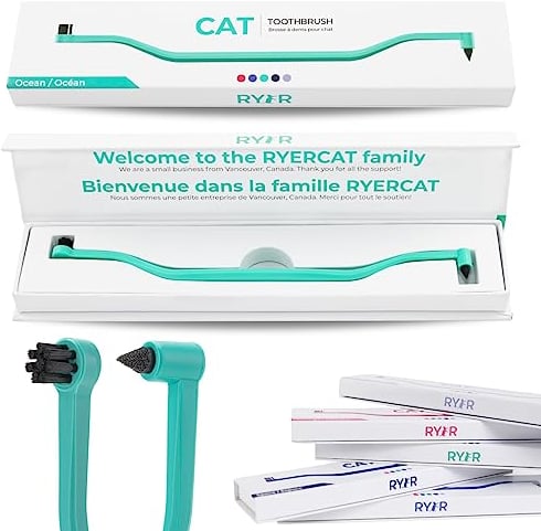 RYERCAT Katzen Zubehör - Doppelseitige Katzenzahnbürste - Kätzchen Zahnbürste mit Mikrokopf für Katzen/Kätzchen - Katzenzahnpflege - Zahnbürste für Katzen (Ozeanblau)