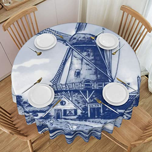 Tischdecke Runde Tischdecken Blau Nederland Niedliche Vintage Holländische Windmühle Delft für Rundtisch 60 Zoll