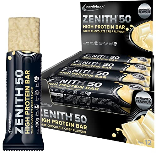 IronMaxx Zenith 50 High Protein Bar - White Chocolate Crisp - 12x100g | Eiweißriegel mit 50% Protein | Low Sugar Snack mit cremiger Umhüllung | High Proteinriegel für Muskelaufbau, Diät & Fitness