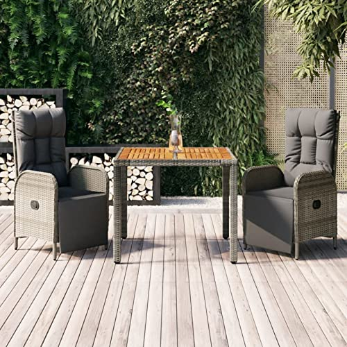 Tidyard 3-TLG. Essgruppe Outdoor, Gartenmöbel Sitzgruppe, Esstisch mit Verstellbar Hochlehner Stühle, Balkonmöbel Set Poly Rattan Grau