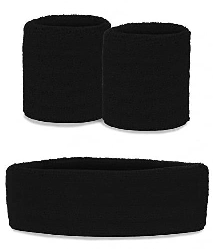 krautwear Damen Schweißbänder Set Stirnband 2 Armbänder 80er Jahre (Schweißbänder Set, schwarz)
