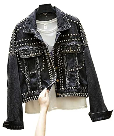 Damen-Jeansjacke mit Nieten, lose Oberbekleidung für Damen, lässig, kurze Jeans