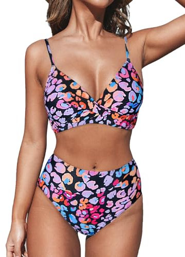 Cupshe Maillot de bain 2 pièces à torsade sur le devant, taille haute, décolleté en V et bonnets rembourrés, rose/léopard, S