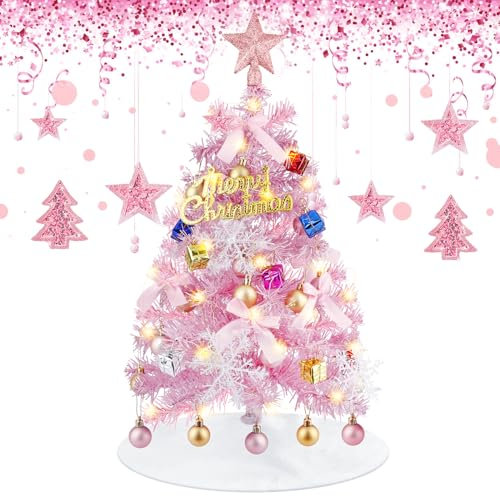 Mini Sapin De Noel 60cm, Petit Sapin De Noel Artificie Lumineux LED avec 47 Pièces Decoration De Noel pour Sapin, Rose Sapin De Noël Décoré