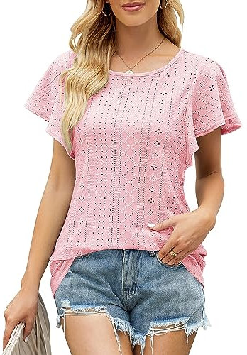 T - Shirt à Manches plissées Respirant en Maille d'été pour Femmes Lace Causual Round Neck t - Shirt à Manches Courtes Loose Top (Rose pâle,XL)