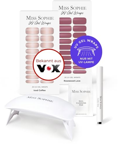Original Miss Sophie UV Starterset I Selbstklebende UV Nagelfolien I Nagelaufkleber in Rosewood Love & Iced Coffee I Kein Absplittern I Langer Halt I Schnelle & einfache Anwendung