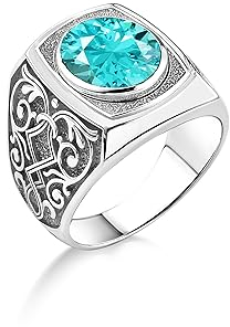 BySilverStone Jewelry Ovaler Blauer Saphir-Stein-Herrenring Aus Silber, Gravierter Band-Herrenring Mit Blauem Topas-Stein, Großer Aquamarin-Stein-Herrenring, Schmuck Für Männer