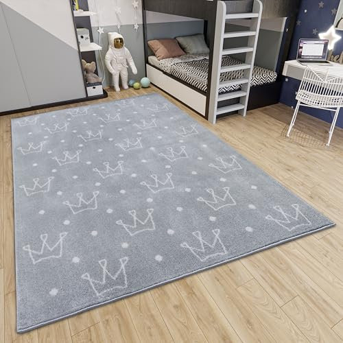 Hanse Home Adventures Kinderteppich - Modernes Kronen Muster Teppich Junge Mädchen für Kinderzimmer, Spielzimmer, Jugendzimmer, Wohnzimmer - Crowns Grau, 160x235cm