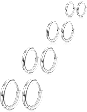 4 Pairs 316L Surgical Steel Hoop Earrings - 8mm, 10mm, 12mm, 14mm Silver Hoops for Women & Men