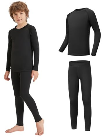 AMZSPORT Thermounterwäsche für Kinder, Skiunterwäsche und Funktionsunterwäsche für Fussball und Training im Winter, Thermowäsche für Mädchen und Jungen, Schwarz M