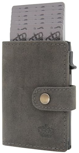 BAUR Slim Wallet mit Münzfach I Echtleder Kreditkartenetui für Herren I Aluminium Pop-Up Case mit RFID-Schutz I Smart Wallet I Kleine Geldbörse (Münzfach mit Reißverschluss, Büffelleder Grau)