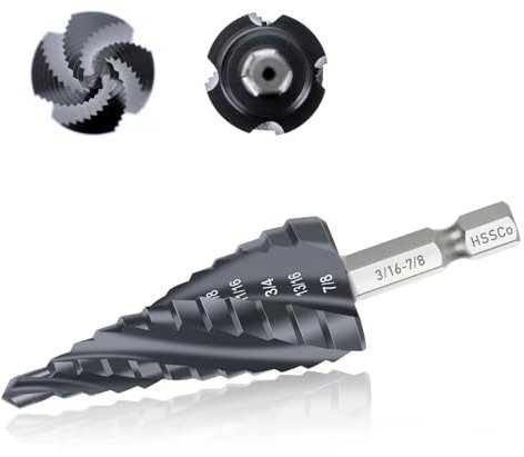 Four Spiral Flute Cobalt Step Drill Bit Set, 3/16 - 7/8(12 Step Size), Impact Ready M35 HSS Unibit Step Drill bit, Wear-Resistant TiAlN Coated, 1/4 Hex Shank Step Bit for Metal