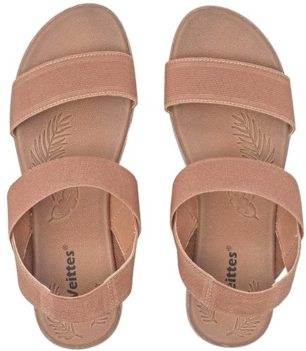 Veittes Sandales femme confortable décontracté cheville élastique sangle double bandes chaussures d’été plates.(2107021,BR/MF,43)