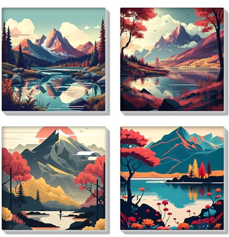HEIBAGO 4 Pack Encadré Paint by Numbers pour Débutants, Paysage Kits de Peinture par Numéros pour Adults DIY Montagnes Peinture à l'huile par Numéros Kits pour la Décoration Intérieure Maison,8×8 inch