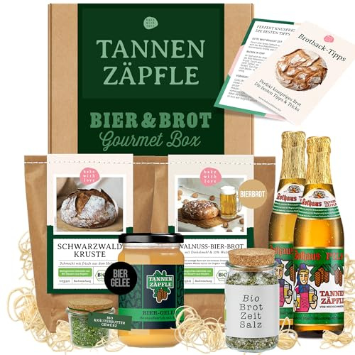 Männergeschenk mit Bier und Bio Brotbackmischungen – Biergeschenk für Männer mit Tannenzäpfle, Biergelee, Gewürz & Brot aus dem Schwarzwald-Für Geburtstag & als Mitbringsel zum Grillen-Bake with Love