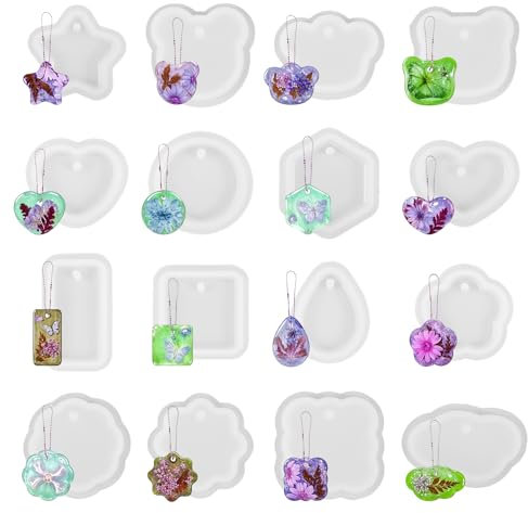 Lusofie 16 Stück Geometrische Harz Silikonformen Für Anhänger Verschiedene Kunstharz Gießen Set Uv Resin Harzformen Mit Aufhängeloch Uv-Epoxidharz Gieß Formen Für Diy Halsketten Schlüsselanhänger