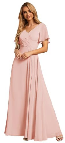 Ever-Pretty Abito Cerimonia Donna Lungo con Maniche Corta e Spacco Vestito Donna Eleganti da Sera Scollatura a V Chiffon Rosa 48