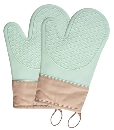 Lot de 2 Gants de Cuisine Silicone Antidérapante, Résistant à la Chaleur Jusqu’à 350°C, Intérieur en Coton, Silicone Gants de Four Suspendable Parfaits pour Cuisson, Micro Onde, Barbecue (Vert)