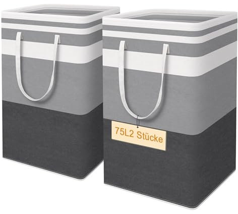 Faltbarer Wäschekorb mit Griffen, wasserdichter Wäschesammler & Aufbewahrungsbox, großer Wäschekorb für Haushalt-2 Stück, Grau-Weiß Gestreift (Große Streifen, 75L)