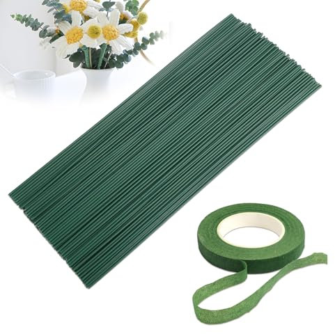 100 Piezas de Alambre Floral Verde de 30 cm y 2 mm con Cinta para Flores,Alambre Verde Floral Tallos de Flore, Floral Verde Stem, para Arreglos Florales DIY, Flores Artificiales y Guirnaldas