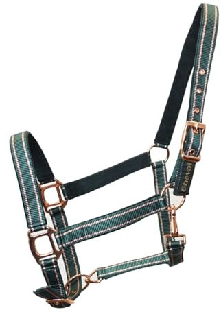 Halfter für Pferde mit Glitzer in Rosegold, Halfter Pferd in schwarz und pink, 2-Fach verstellbar (Grün Rosegold, Pony)