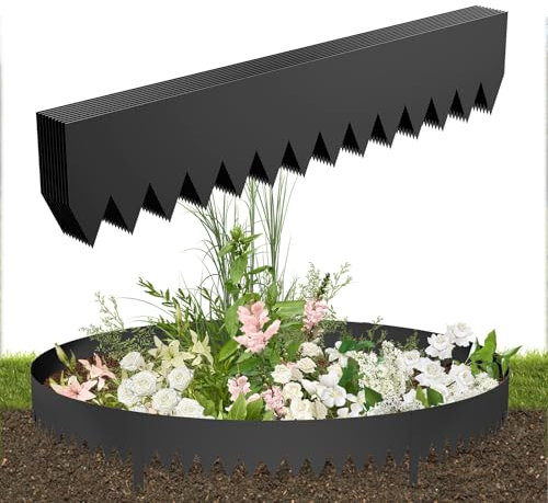 YRHome 10m Verzinkte Metall-Rasenkante – 20cm Höhe Flexible Beetumrandung Rasenkantenband Beeteinfassung wetterfest, rostfrei & mit Clips einfach montierbar für Gärten, Beete, Wege & Rasen Schwarz