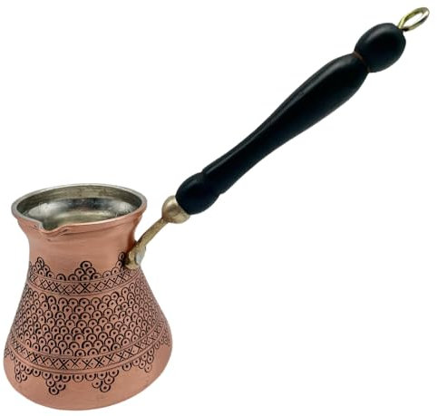 Generisch Cezvex-Areon-2 mm dicke Kaffeekanne aus Kupfer, graviert, Türkische Mokkakanne, Cezve, Ibrik, Briki mit Holzgriff für 4 Personen.