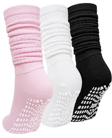 ZAKASA Damen Slouch Rutschfeste Socken: Damen Lange Antirutschsocken Baumwoll Komfort Nahtlos für Yoga Pilates Hause 3 Paar