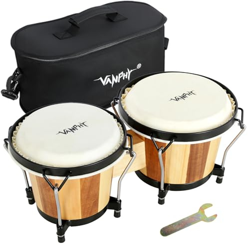 VANPHY Bongo Drum 6'' and 7'' Set for Adults Beginners Professionals Wooden Shell Bongos Percussion Bongos Drum with Bag Tuning Wrench(Stripe)