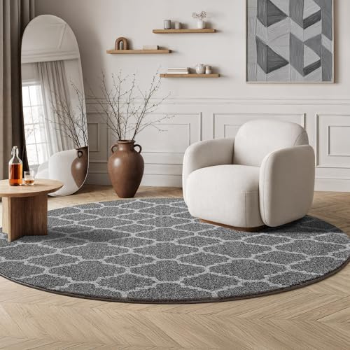 SANAT Boho Teppich – Moderner Teppich im Boho Stil, Geeignet für Wohnzimmer, Schlafzimmer, Flur, Esszimmer und Kinderzimmer – Skandi Grau, Größe: 200 cm Rund