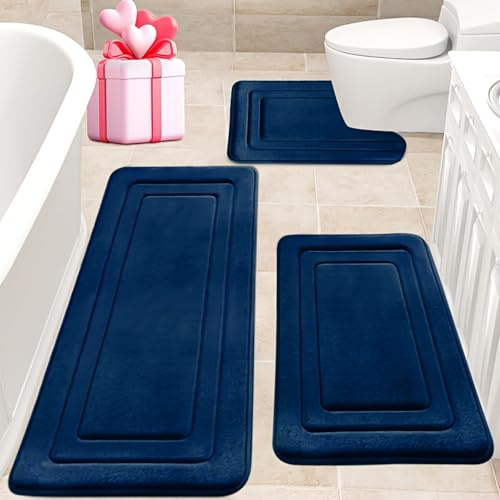 Wlian Lot de 3 tapis de bain en mousse à mémoire de forme antidérapants, absorbants, imperméables, doux pour salle de bain et toilettes, bleu foncé (118 x 48 cm + U50 x 60 cm + 50 x 80 cm)