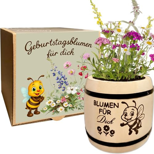 KRONLY Geschenk zum Geburtstag, Geburtstagsblumen Pflanzset mit Holzfass | Geburtstagsgeschenk für Frauen, Blumensamen zum Selbstpflanzen, Geschenktüte, Wundertüte