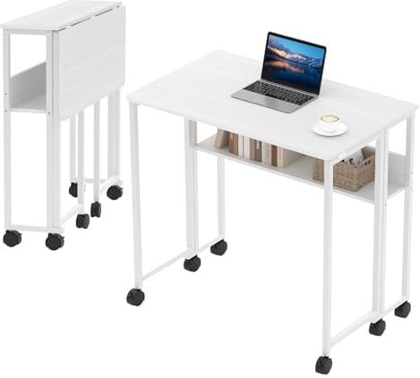 WEJIUAFB Klappbarer Schreibtisch Mit Rollen Und Stauraum, 63x50x75 cm Platzsparender Computertisch Für Home Office, Stabiler PC Tisch Mit Einfach Montage, Zusammengeklappt Nur 7.8 Zoll Breit