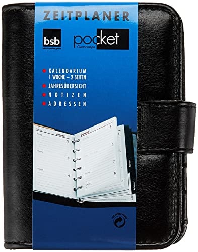 BSB Terminplaner Organizer Wochenplaner Terminkalender, 2025, ca. A7, 1 Woche = 2 Seiten, Softfolie, schwarz, Ringbuch mit 6-Fach Lochung, nachfüllbar, Modell Pocket, 02-0253