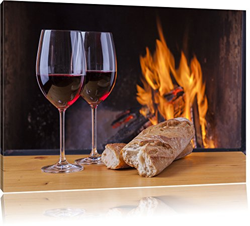 Pixxprint Baguette Vino Wein Alkohol Picknick, Größe: 80x60cm, Leinwandbild, fertig gespannt, Wandbild, Dekoration, Kunstdruck, kein Poster