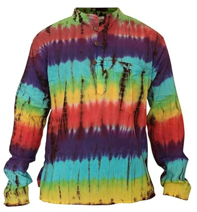 SHOPOHOLIC FASHION Mens Tie Dye Hippie Grandad Shirts Handmade Cotton Casual Long Sleeve Boho Shirt