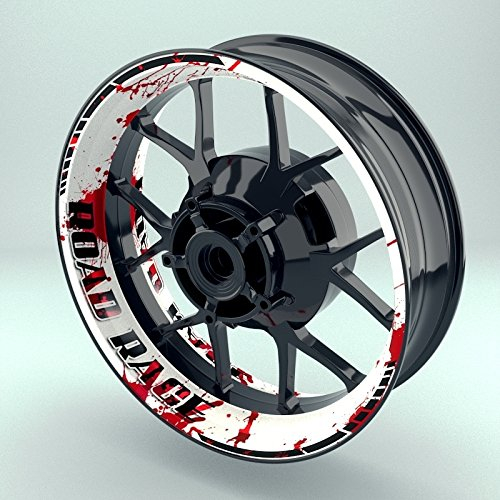 OneWheel Felgenrandaufkleber Motorrad 4er Komplett-Set (17 Zoll) - Felgenaufkleber Road Rage schwarz-weiß-rot (Design 1 - glänzend)