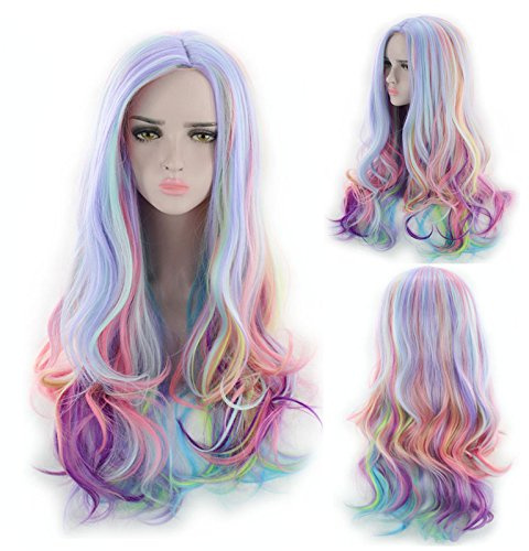 ATAYOU Lange Regenbogen Cosplay Haar Perücke für Damen Karneval Kostüm | Lange Locken Regenbogen Haar Mit Perücke Kappe,Mehrfarbig , Halloween Cosplay