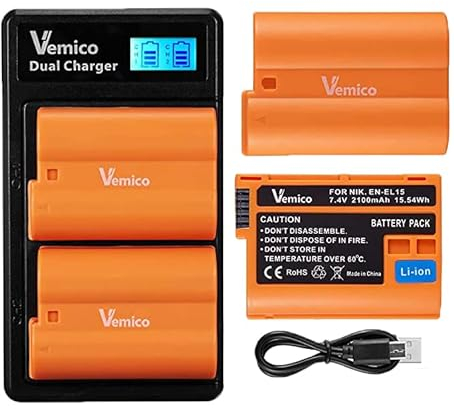 Vemico EN-EL15 EN-EL15A Akku Ladegerät Kit 2 Pack 2100mAh Ersatzakkus Typ C LCD Dual Ladegerät für D750/D7500/D850/D810/D810A/D800/D800E/D7200/D500/D610/D600 (Vollkompatibel mit Orginal)