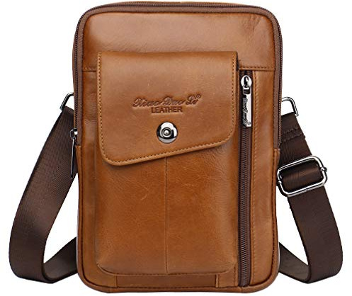 Xieben Sac à bandoulière en cuir pour hommes Voyage Business Crossbody Pack Daypack Wallet Phone Pouch Purse Bag Daypack Marron
