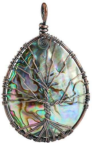 KYEYGWO Wassertropfen Abalone Muschel Anhänger Halskette für Unisex, Kuferdraht Gewickelt Baum des Lebens-Anhänger Mode Schmuck mit Kette
