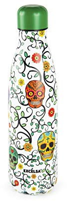 Excelsa Calavera Bouteille Isotherme 0,5 L, Acier, Blanc avec décoration, capacité 500 ML