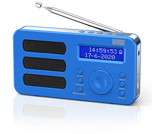 Portable DAB Radio - August MB225 - DAB/DAB +/FM - RDS Function, 40 Presets, Stereo/Mono Portable Digital Radio, Dual Alarm, Rechargeable Battery, Headphone Jack (Blue)
