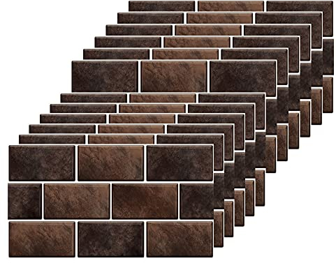Brown Brick Tile Stickers for Bathroom Kitchen Waterproof Vinyl Stick on Tiles Backsplash Self Adhesives Wall Tile Transfers Peel and Stick Tile Decals for Living Room - 30x15cm (12 Sheets)