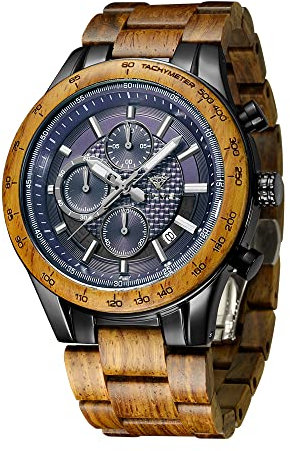 VICVS Armbanduhr aus Holz und Edelstahl für Herren, Chronograph mit 3 Zifferblättern, Quarz, Freizeit, Business, Multifunktionsuhr, aus Holz, handgefertigt